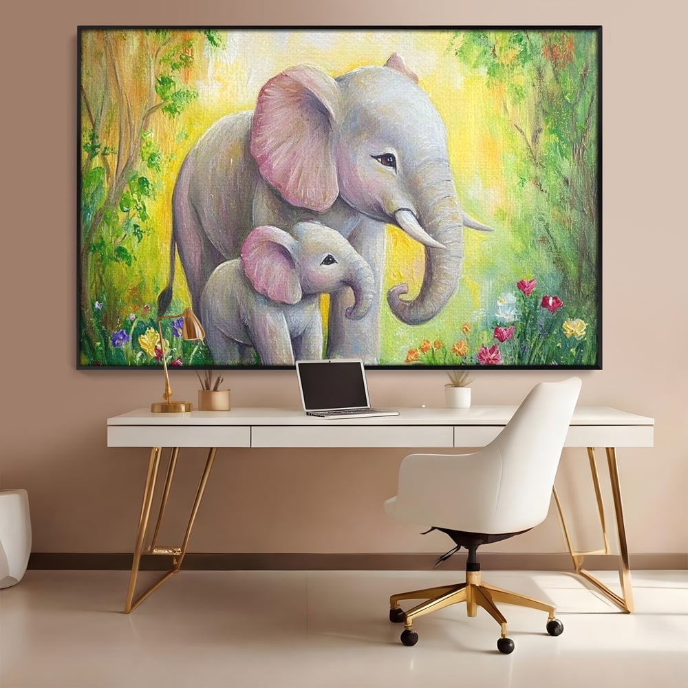Tablou canvas cu pictura cu doi elefanti intr-o gradina, in rama de aluminiu negru, pe perete intr-un birou